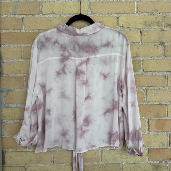 Tribal Pink Button Down Shirt with Tie Front Long Sleeves and Notched Collar - Picture 3 of 3